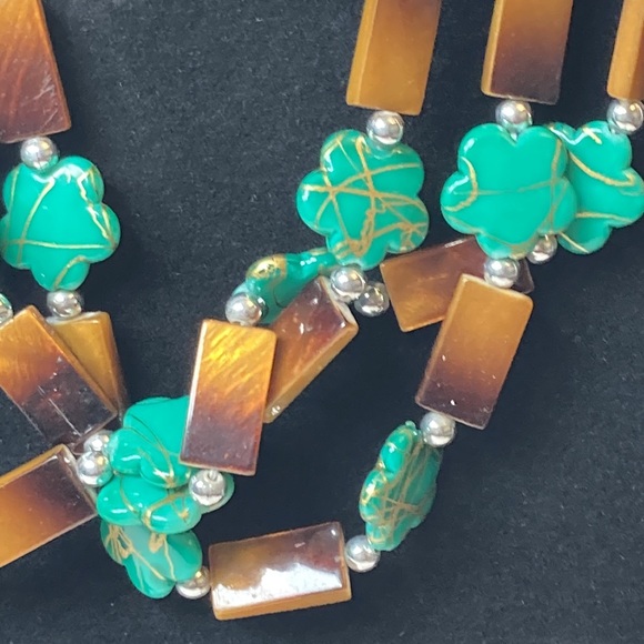 Green Brown Gold Flower Bead Necklace 18" 3" Extender - Picture 2 of 13